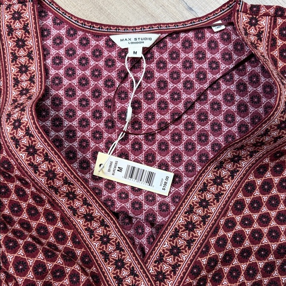 MAX STUDIO Bubble Sleeve Midi Dress. Burgundy/Beige. NWT. Size Medium - Picture 3 of 4